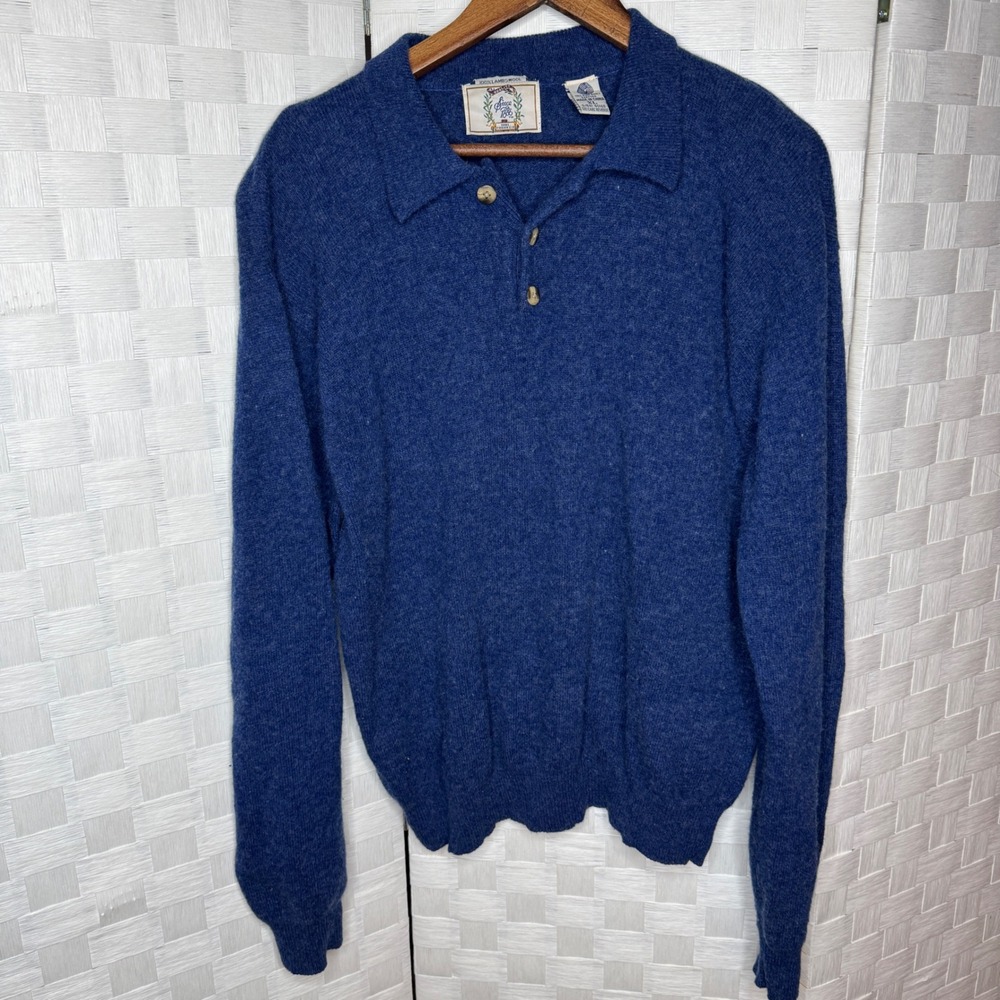 Vintage Mens XL Blue 100% Lambswool Polo Collar Sweater